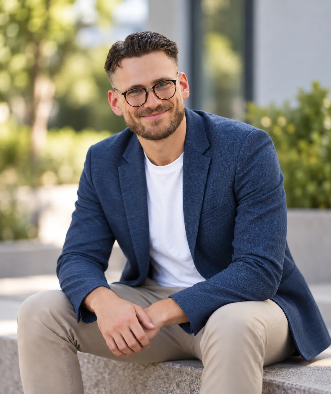Philipp Holzwert sitzend in einem blauen Sakko