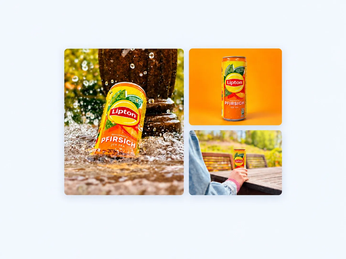 Produktfotografie einer Lipton-Eistee-Dose mit Wasserspritzern