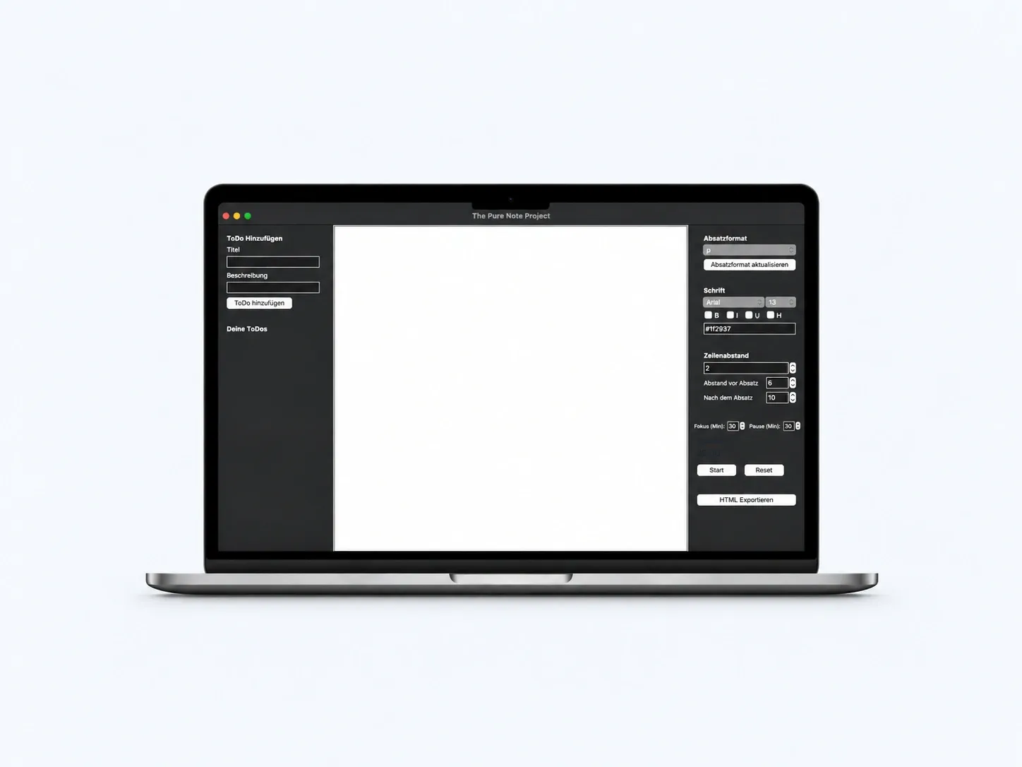 Desktopansicht des PureNote-Texteditors mit Notizfeld und To-do-Steuerung
