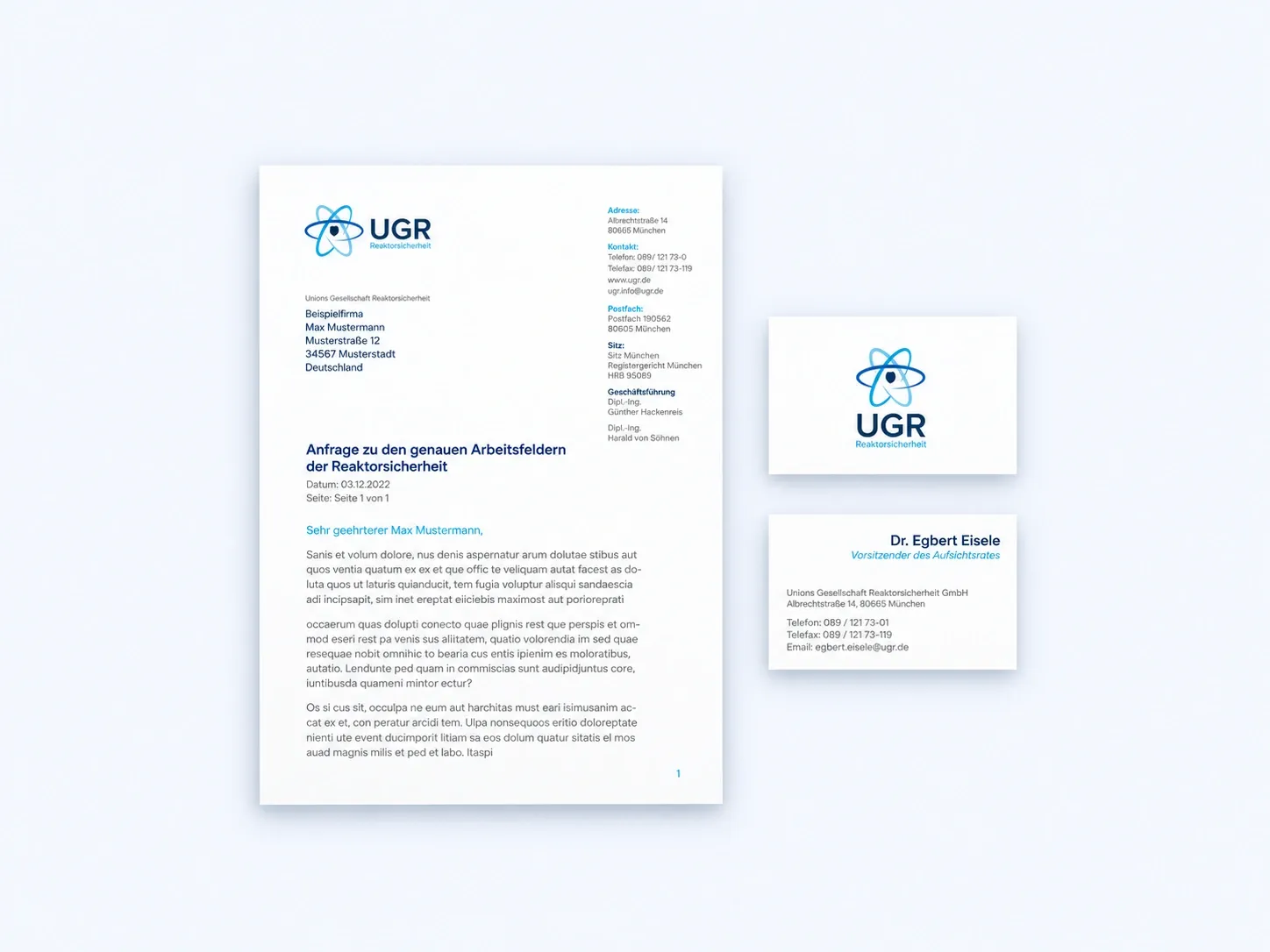 Briefpapier, Visitenkarten und Logo für das Corporate Design der UGR Reaktorsicherheit